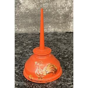 Vtg Hand Painted Eagle Oil Can Thumb Pump Oiler Tin Rounded Orange w/ Rooster
